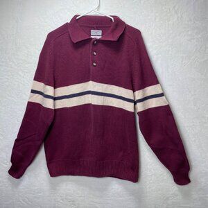 Vintage Norton Ditto Striped Maroon Sweater Cotton Lisle Button-Up Size L